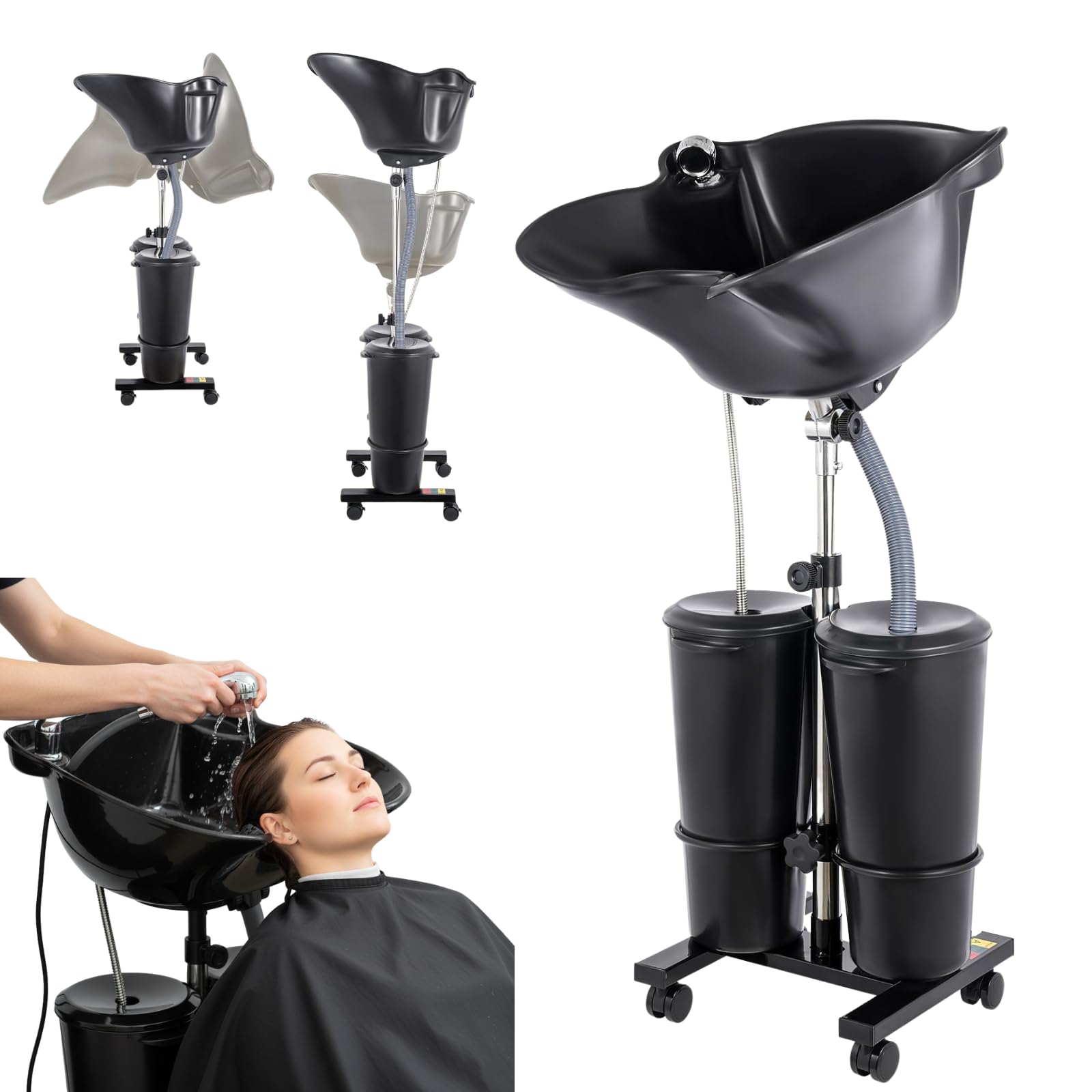 Mobiles Waschbecken Friseur, Haarwaschbecken für Bettlägerige, Friseur Waschbecken Höhenverstellbar mit elektrischer Pumpe und 2 Eimern, Tiefes Shampoo-Becken für Zuhause, Salon & Pflege