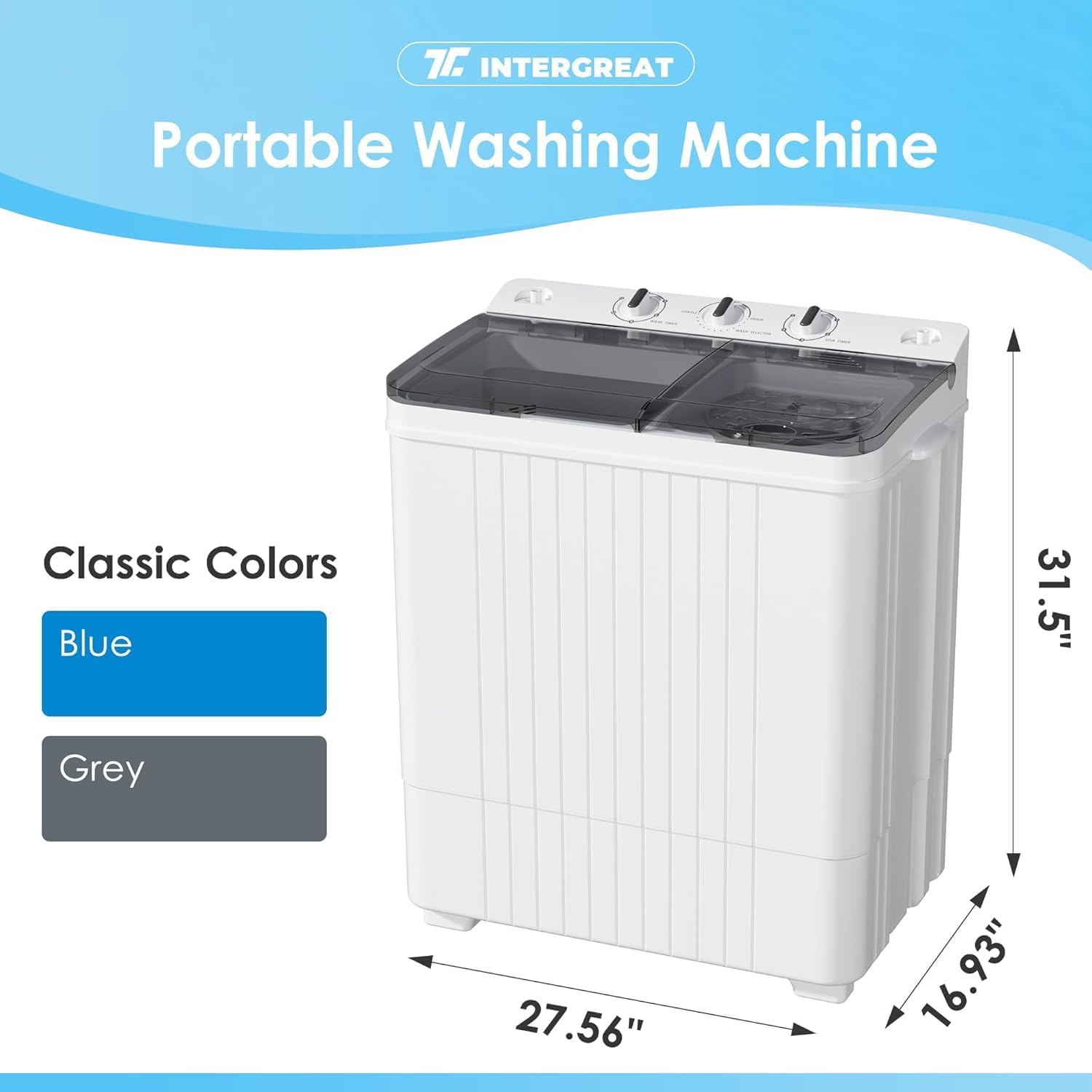 28lbs Portable Twin Tub Washing Machine & Spin Dryer Combo-Silver Ion Deep Cleaning, Dual Timer Control, Gentle/Normal Modes, Mini Laundry for Apartment, Dorm, RV, Camping (Grey)