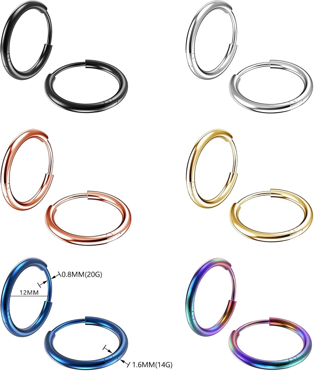 316L Surgical Stainless Steel Small Hoop Earrings 8mm 10mm 12mm Hypoallergenic Huggie Thin Hoop Earrings Helix Lobes Hinged Sleeper Earrings Men Women for Cartilage Piercings - Image 2