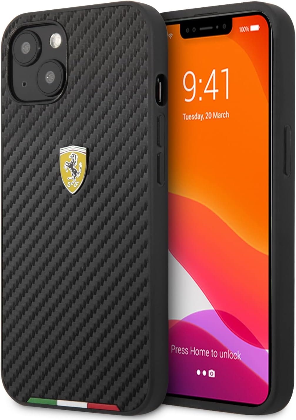 CG MOBILE Ferrari Hard Case PU Carbon Effect & Italian Flag Line Metal Logo Compatible for iPhone 13 (6.1") Scratch Resistant Cover Officially Licensed (iPhone 13 (6.1"), Black)