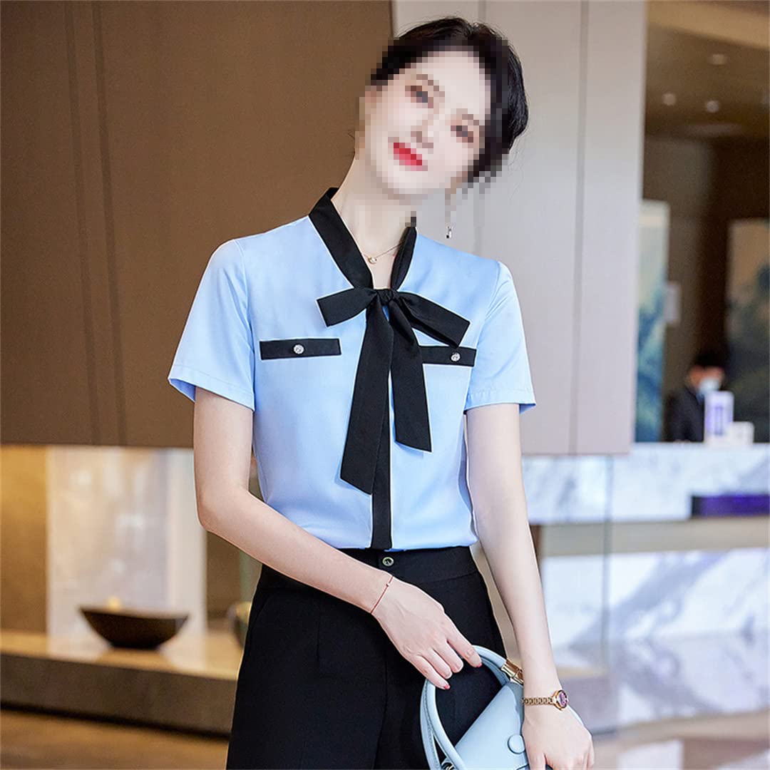 Femmes été Formelles en Mousseline de Soie Blanche Blouses avec nœud Bureau Dame décontracté Poches lâches Chemises