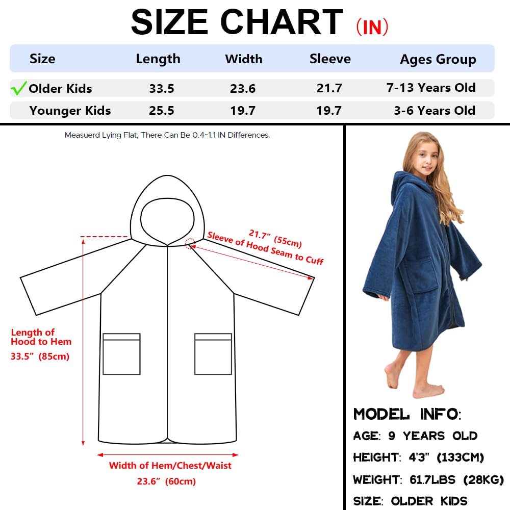 Hiturbo Kids Hooded Towel Robe: Changing Zipper Bath Robe Poncho Towelling for Swimming Beach Surfing Home