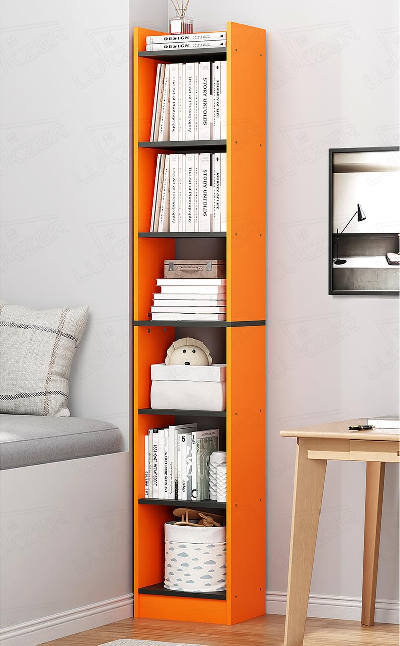Lukzer 6‑Tier Engineered Wood Bookshelf | Dual‑Tone Orange & Grey Vertical Bookcase | MR‑005/Lavamist | Space‑Saving Multi-Purpose Corner Shelf for Living Room, Office, Bedroom | DIY Assembly