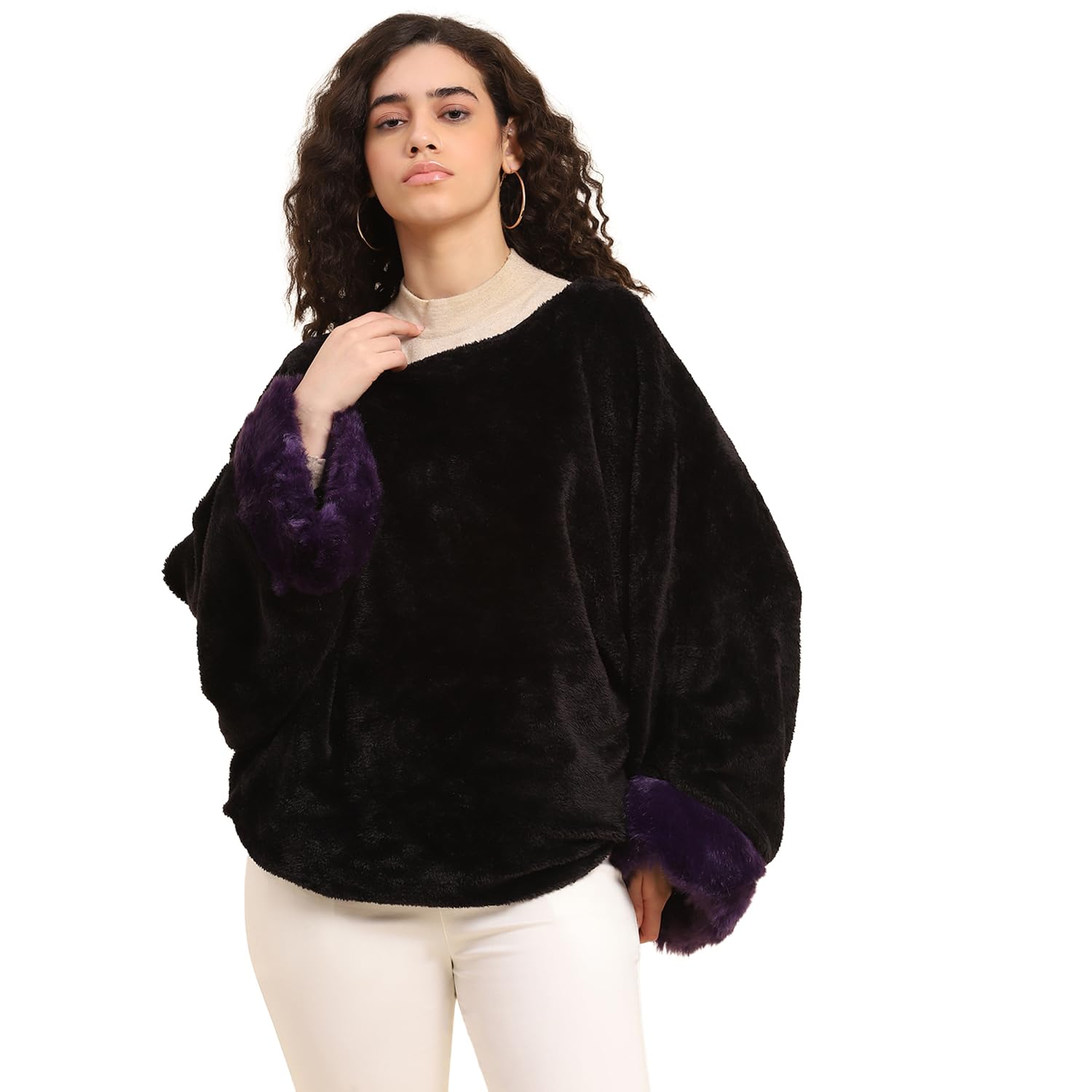 Oversized Sweater for Women Blue Jacquard Winter Overcoat Faux Fur Collar Warm Cotton Polyester Blend Stylish Layering Chic Winter Outerwear-image-30