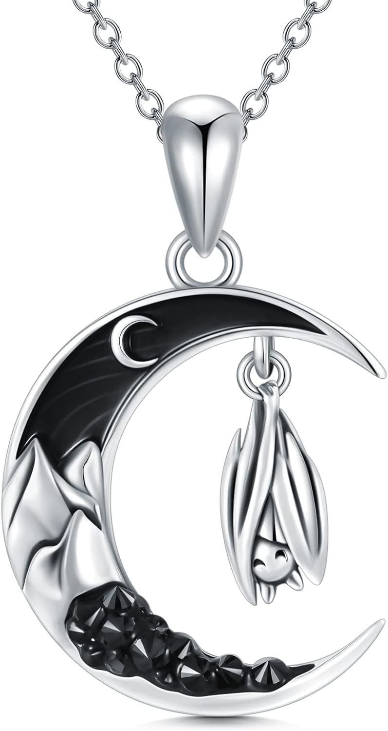 Gothic Jewelry Bat/Cat/Wolf/Dragon/Owl/Fox/Spider/Sun Pendant Sterling Silver Crescent Moon Necklace for Women Black Jewelry Gifts