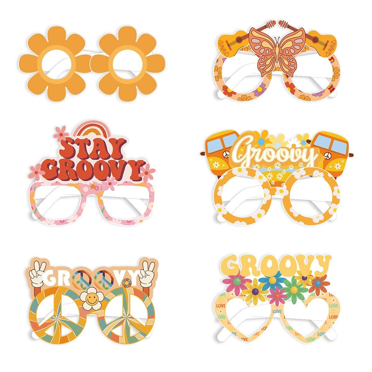 LOONELO 12Pcs Groovy Retro Hippie Boho Paper Glasses, Two Groovy Hippie Funky Paper Sunglasses Eyeglasses Photo Booth Props for Birthday Baby Shower Retro Groovy Party Decorations