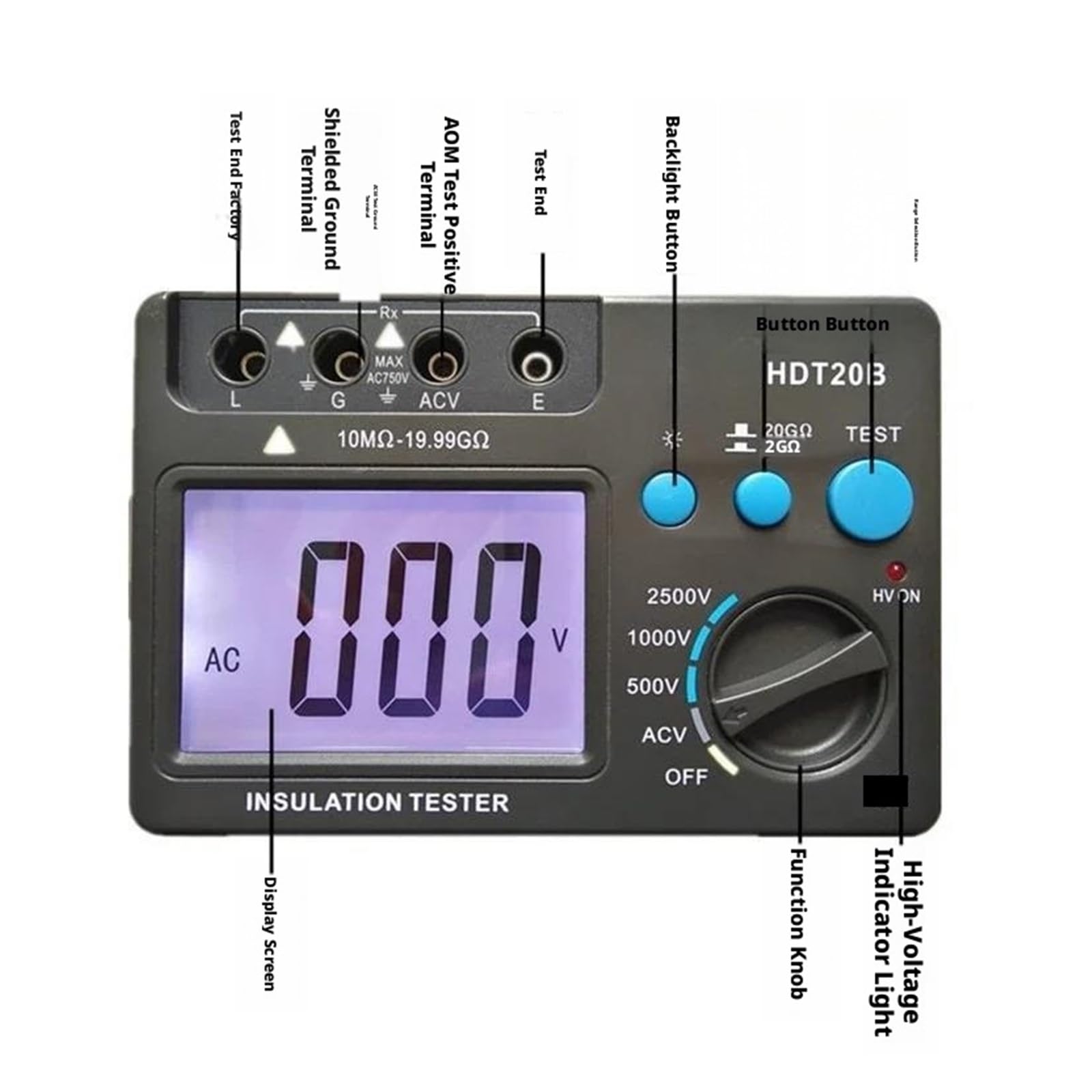 Widerstandsmessgerät, HDT20A Digitaler Isolationswiderstandstester, 1000-V-Megohmmeter, LCD-Megaohmmeter(HDT20A250V 500V 1000)