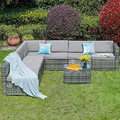 YITAHOME 8 Piece Outdoor Patio Furniture Sets, Garden Conversation Wicker Sofa Set, and Patio Sectional Furniture Sofa Set with Soft Cushion for Lawn, Backyard, and Poolside, Gray Gradient