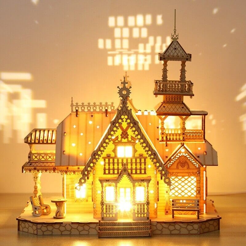 ACESOME 3D Wooden Puzzle Castle Kit, Architecture Model Kit, Wooden Model Kits for Adults to Build, 3D Puzzle with USB Light, Mechanical Construction Gift for Family Friends Birthday, Christmas