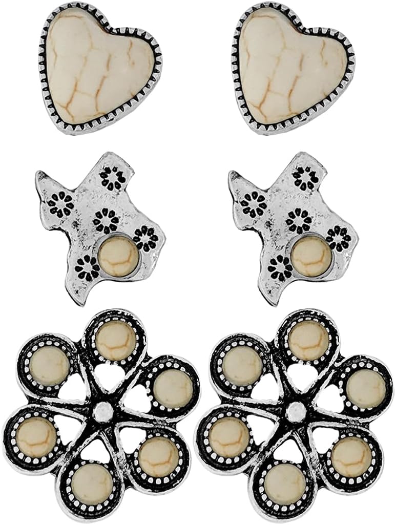 Rosemarie & Jubalee Women's Western Earrings Set of 3 Pairs, Texas, Heart and Floral Design, Silver Tone with Natural Howlite