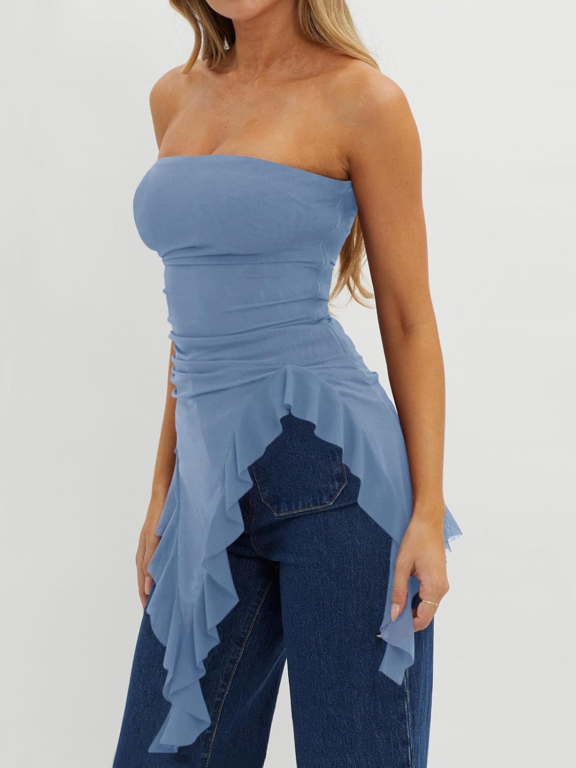 Womens Strapless Tube Tops Summer Asymmetrical Long Ruched Mesh Shirts Cute Y2k Ruffle Hem Going Out Bandeau Top - Image 2