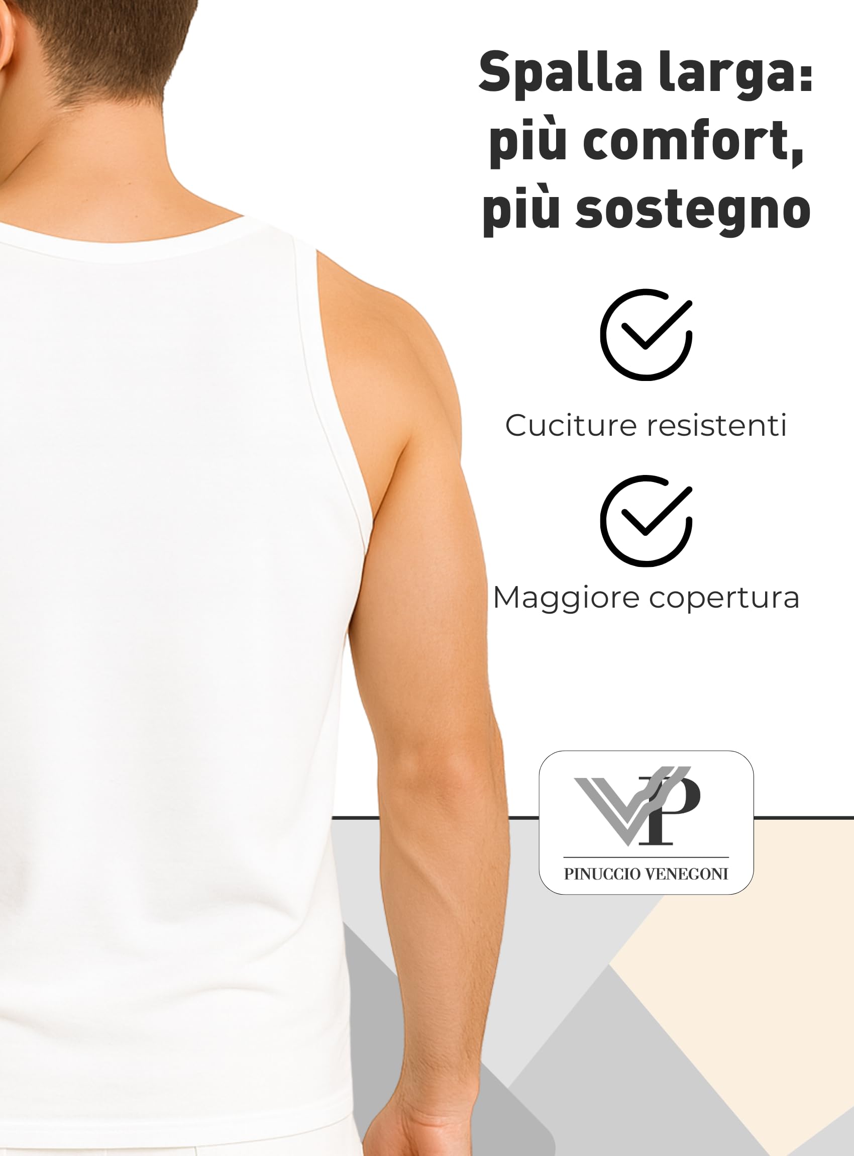 VP PINUCCIO VENEGONI - Lot de 3 débardeurs homme coton 100 % mercerisé, large épaule, blancs, sous-vêtements pour hommes respirants, fabriqués en Italie