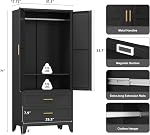 Farmhouse Metal Wardrobe Closet, Wardrobe Cabinet with 2 Drawer and Hanging Rod, Steel Armoire Cabinet with Adjustable Shelves for Bedroom/Laundry Room,Black