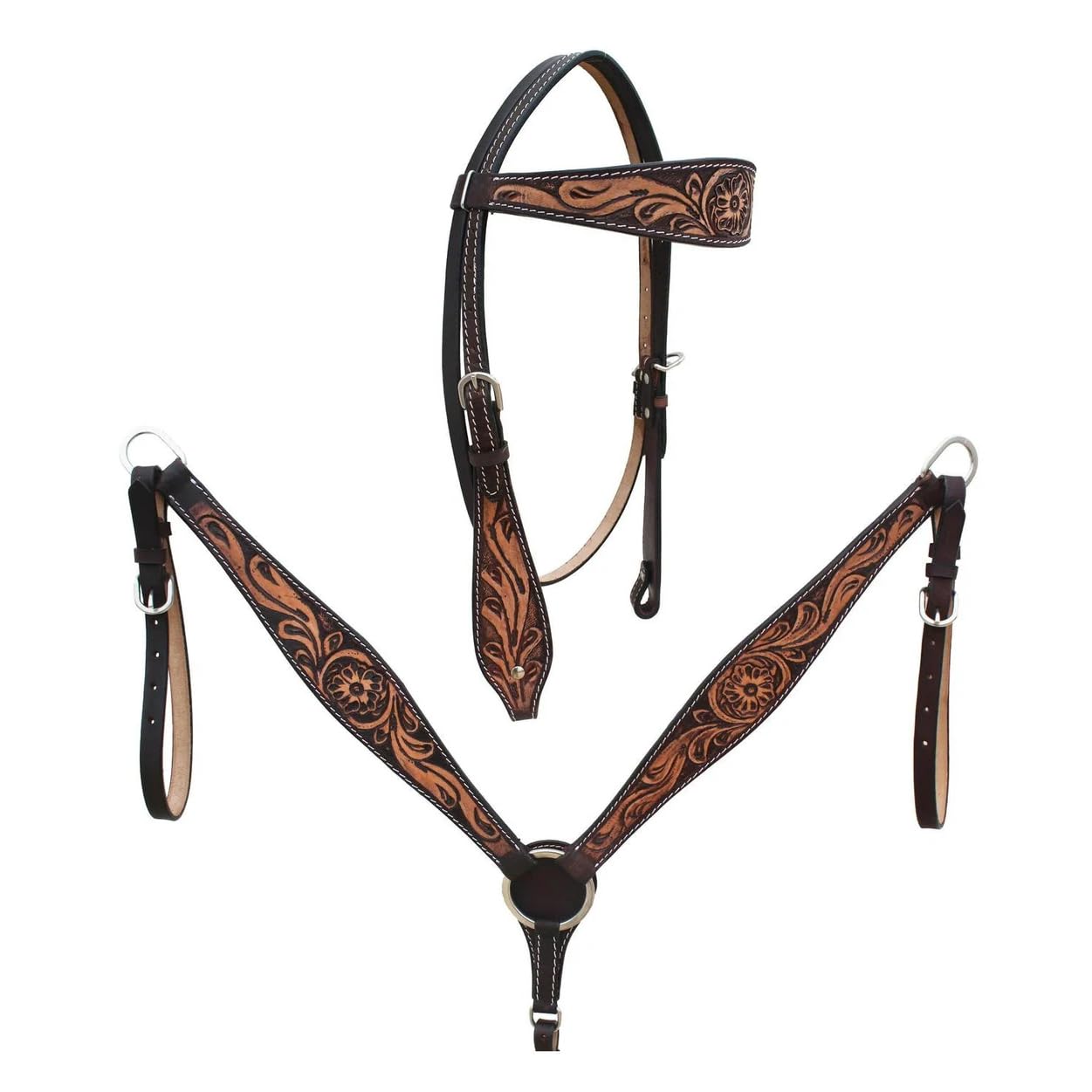 Juego de tachuelas de cuero genuino con cuello y riendas de cuero genuino pintado floral para sillín de caballo occidental ST-021 (completo)