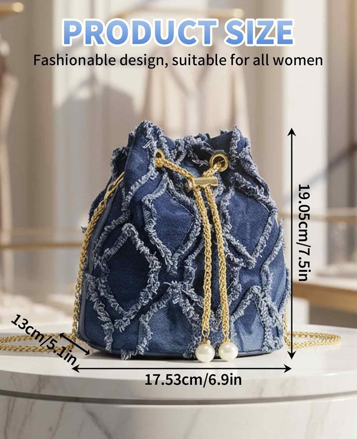 Jean Purses for Women, Denim Quilted Drawstring Crossbody Bags Bucket - Image 3