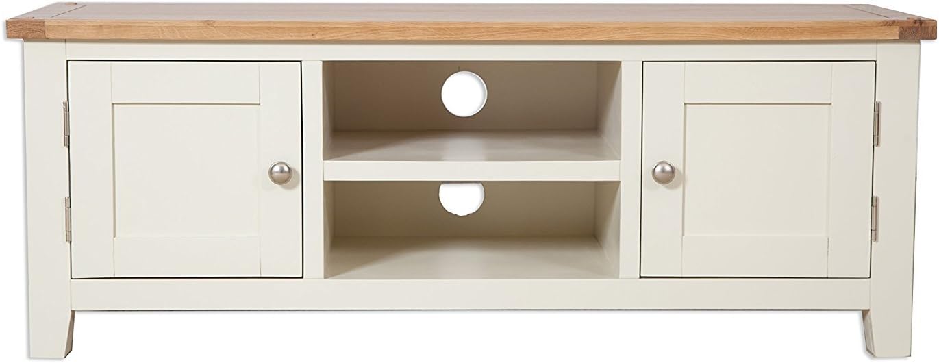 Hobart Ivory Rustic Oak Top Large Wide TV Stand/Solid Oak Top TV