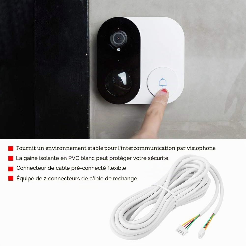 Câble pour porte vidéo, 4 conducteurs 30 m Câble en cuivre flexible rond de 0,3 mm² pour système de visiophone, avec 2 connecteurs de câble de rechange
