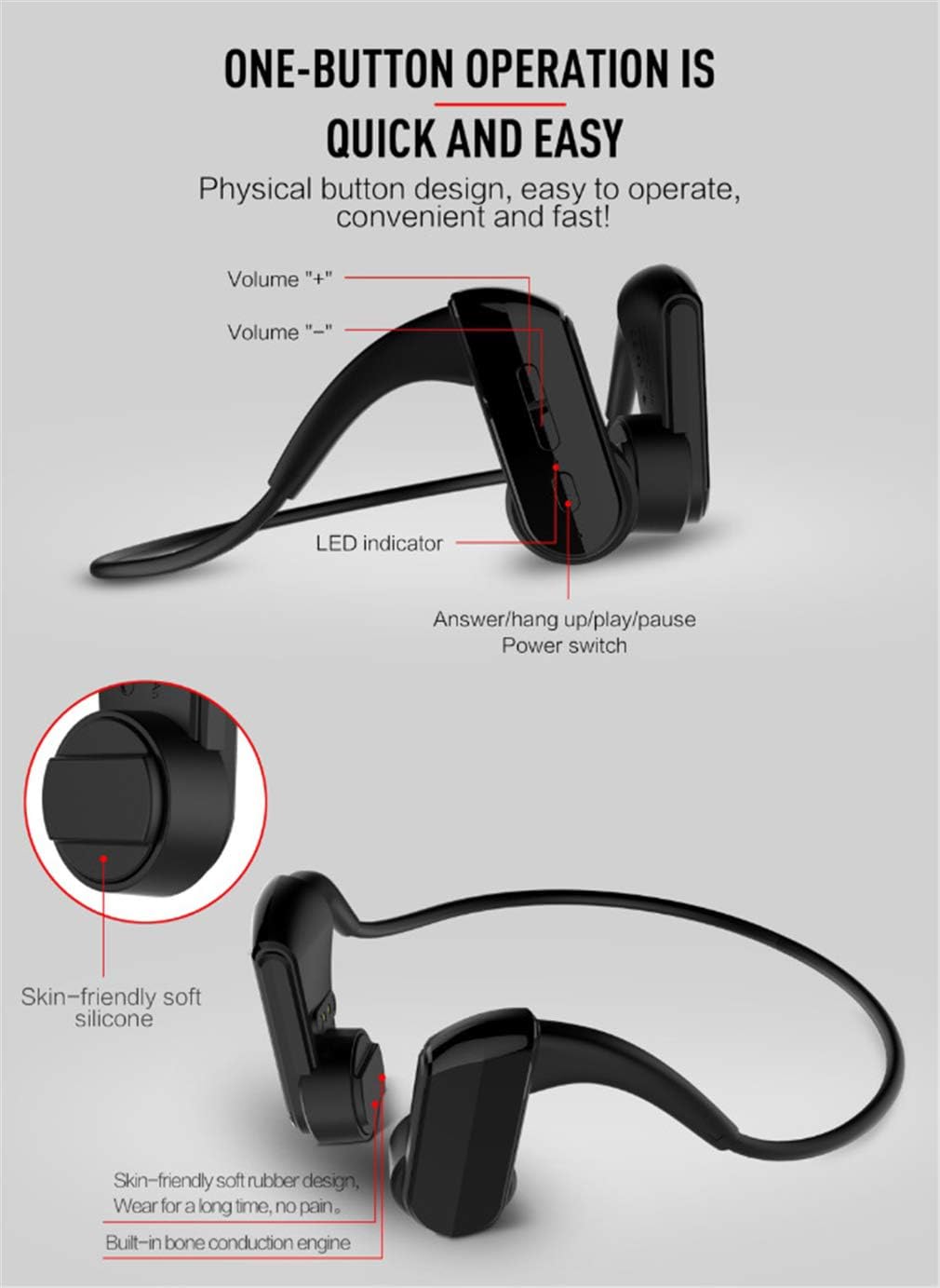 Bone Conduction Bluetooth 5.0 Headphones, Open-Ear Wireless Bone Conduction Sports Headphones Stereo Sweatproof with Mic, for Running, Sports, Fitness,White