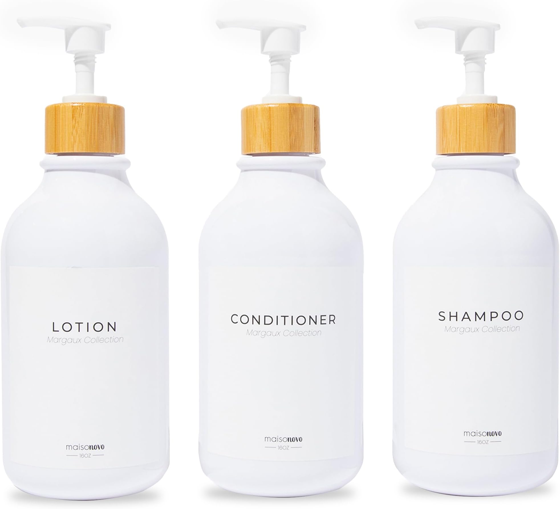 MaisoNovo Shampoo and Conditioner Bottles Dispenser | Soap Shampoo Dispenser Bottles with Pump for Shower | 3 Bamboo White Margaux Bottles White Pumps Dispenser