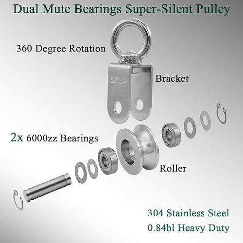 Miniatura 14 de Bloque de polea individual Rueda de tracción de rotación de 360 grados, gancho giratorio de acero inoxidable y mosquetón resistente para línea