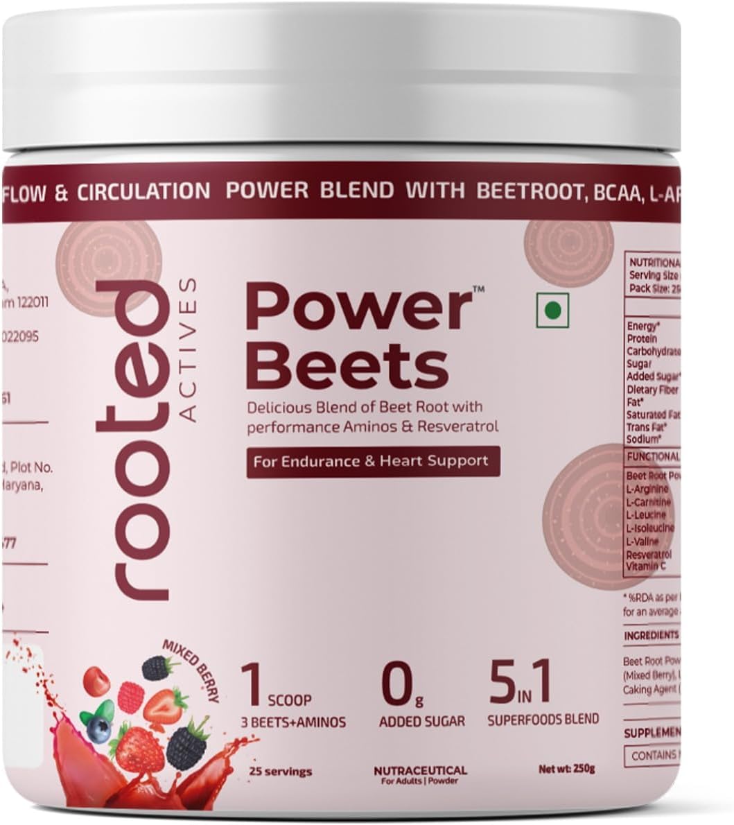 Rooted Actives Power Beets (250 g) - Organic Beet root powder with L arginine, L Carnitine, BCAA, Reservatrol & Stevia | Heart, Endurance, Nitric oxide booster| Beets Powder Supplement & Pre Workout