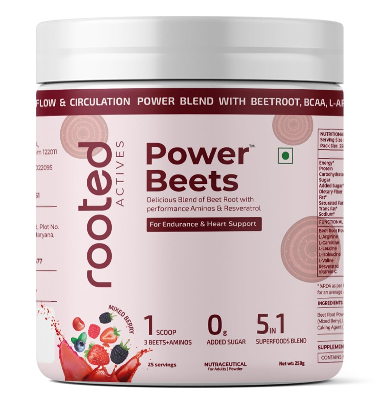 Rooted Actives Power Beets (250 g) - Organic Beet root powder with L arginine, L Carnitine, BCAA, Reservatrol & Stevia | Heart, Endurance, Nitric oxide booster| Beets Powder Supplement & Pre Workout