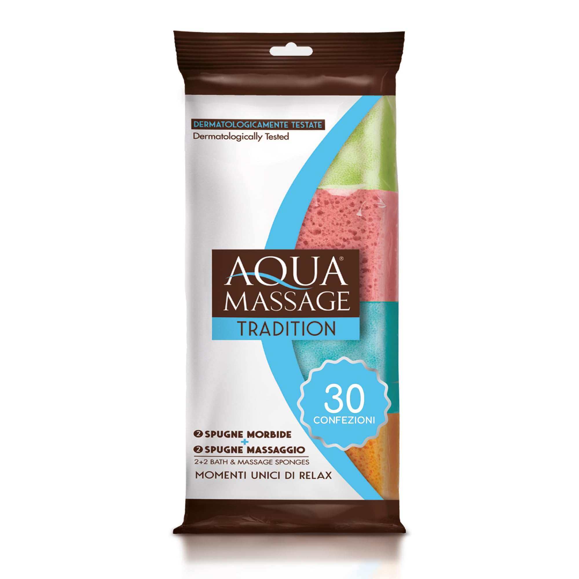 ARIX | 120 gąbek do kąpieli i masażu do ciała z linii Aqua MAssage Tradition, relaksujące gąbki do masażu pod prysznic, miękkie i chłonne, kolorowe gąbki - 30 opakowań