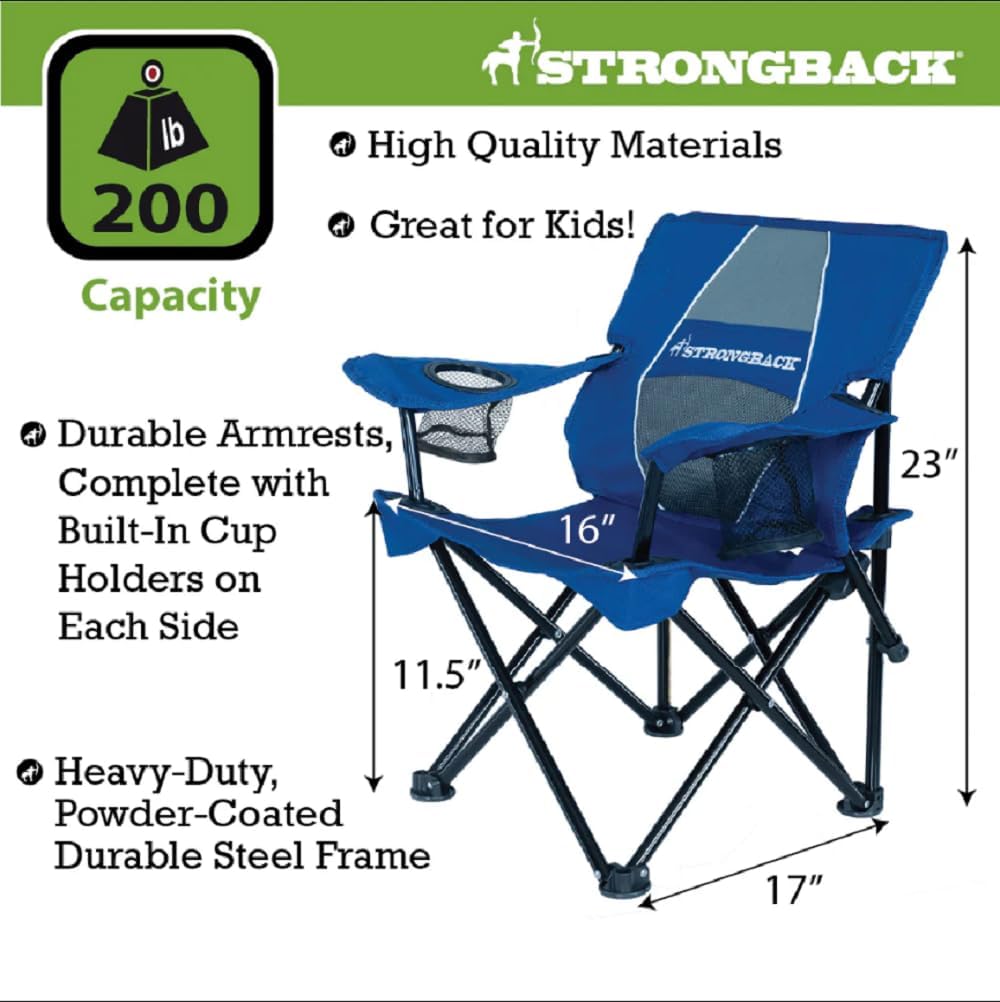 STRONGBACK Prodigy - Kids Folding Heavy Duty Camping Chair with Lumbar Supportive Ergonomics and Portable Carry Bag, Navy Blue