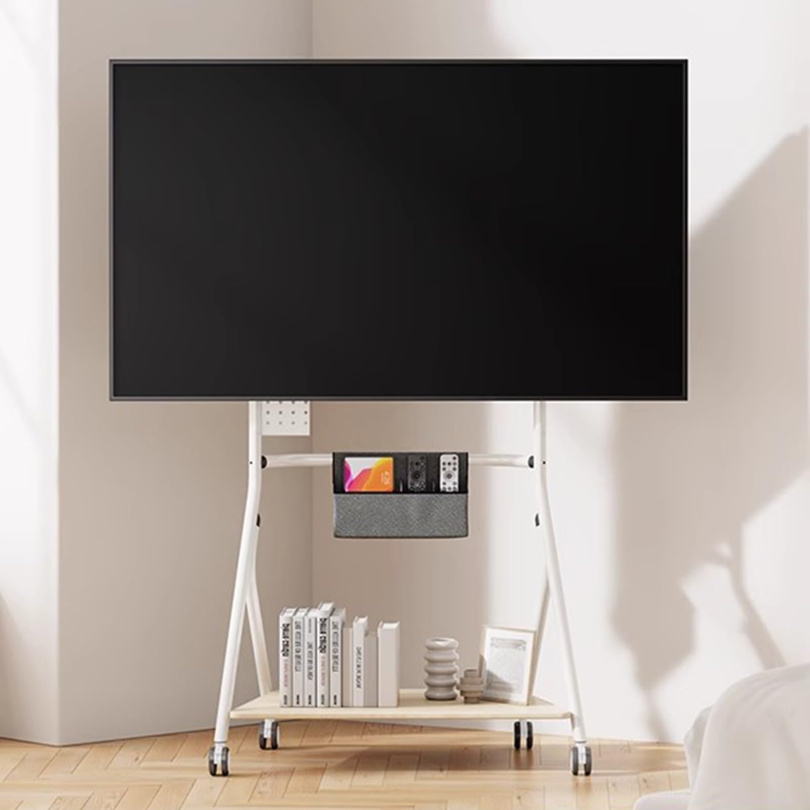 DFGHNBVC Tv Stand, Mobile Tv Stand, Tv Stands For Living Room, Television Stands, For 32-65 Inch Tv, Tv Cart Floor Stand, With Wooden Storage Shelves, For Home Office,White