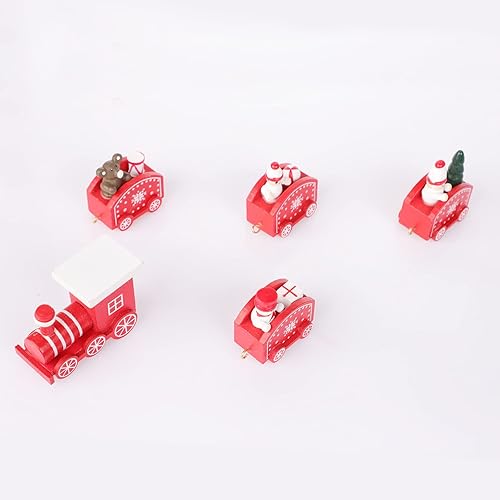 Miniatura 7 de Juego de tren de madera de Navidad de cinco secciones, mini tren para fiesta de Navidad, decoración de mesa, adornos de tren de muñeco de nieve,