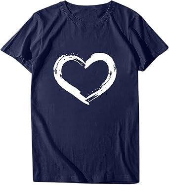 Womens Heart Print T Shirts Cute Casual Short Sleeve Round Neck Tops Funny Graphic Tees Loose Fit T-Shirt Blouses