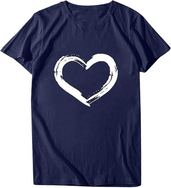 Womens Heart Print T Shirts Cute Casual Short Sleeve Round Neck Tops Funny Graphic Tees Loose Fit T-Shirt Blouses