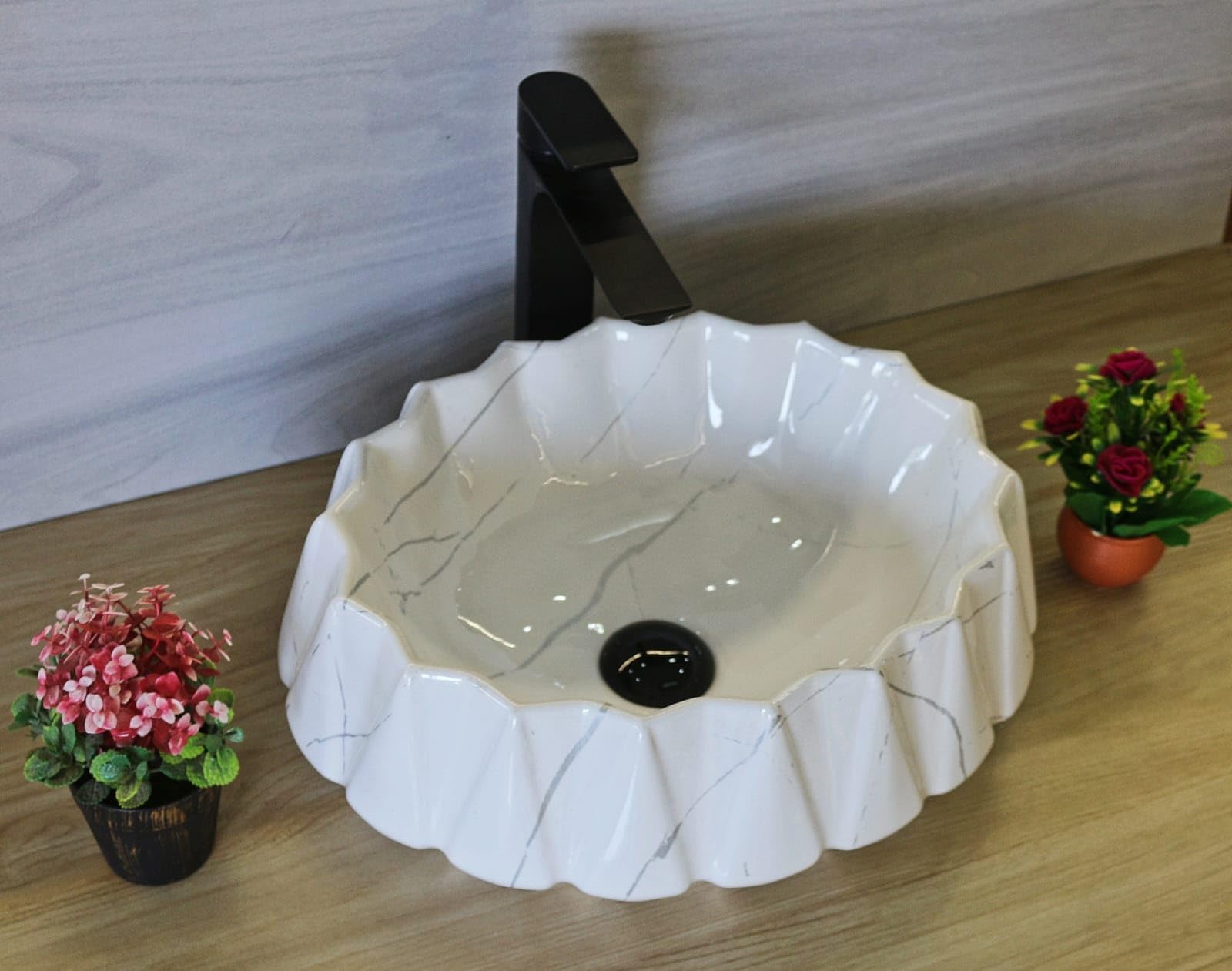 NEXIS Designer Glossy Finish Ceramic Art Wash Basin Vessel Sink Table Top | Collapsible Wash Basin || Art Wash Basin (16 x 16 x 5 Inch) (Lizza 629 White Grey) (B0C7KL53RD) Amazon Price History, Amazon Price Tracker