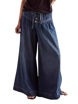 CHARTOU Women's Baggy Wide Leg Denim Pants Drawstring Midi