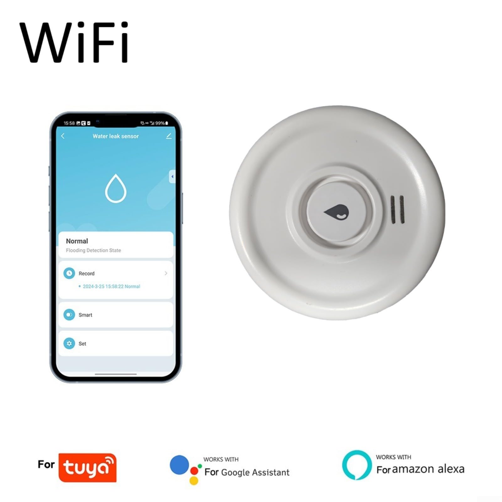 Détecteur de fuite d'eau Wi-Fi, capteur de fuite d'eau sans fil pour système d'alarme et domotique intelligente, capteur d'eau d'alarme pour cuisine, salle de bain, sous-sol (4 pièces)
