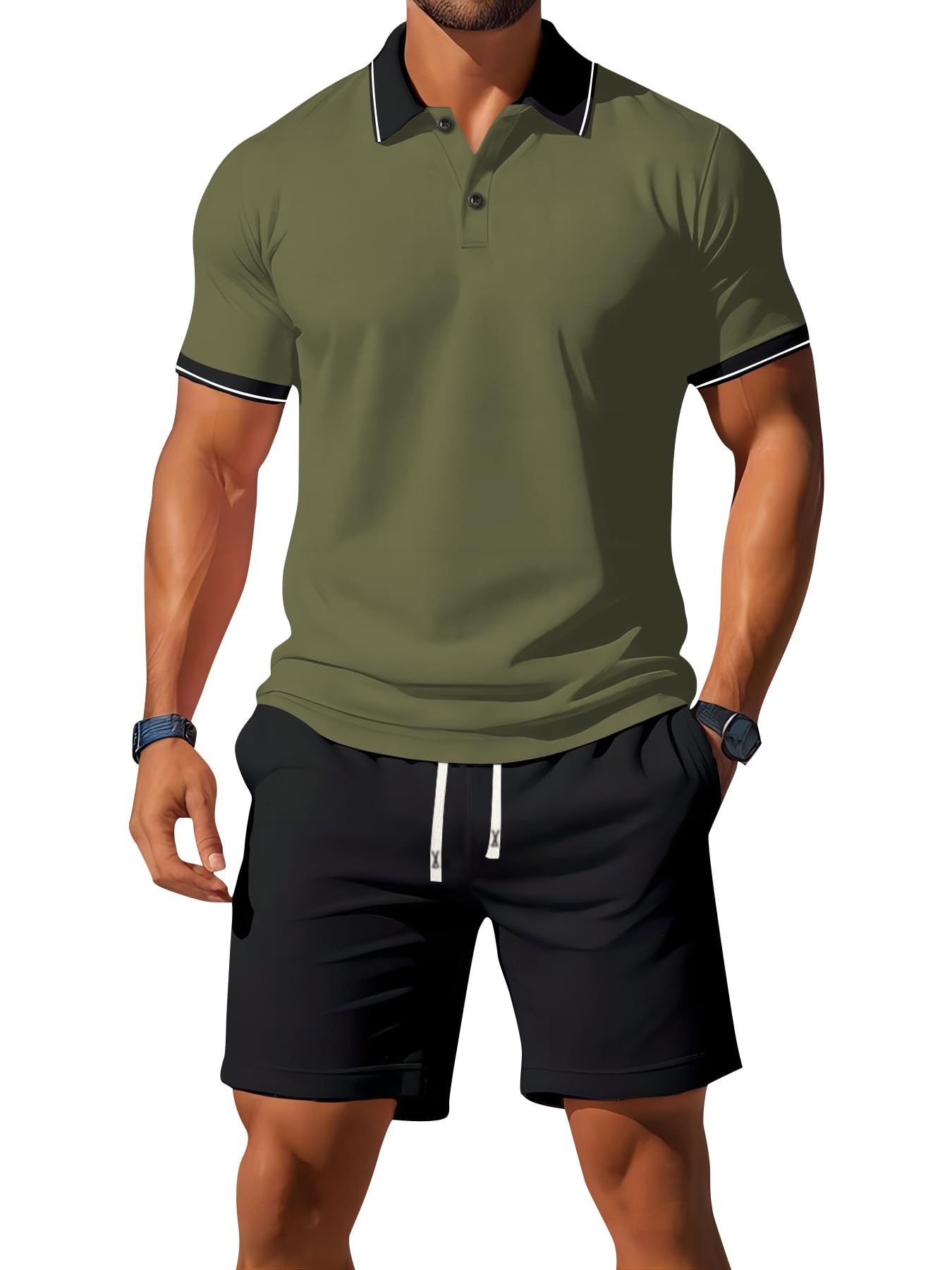Conjunto de 2 piezas de polo corto de verano para hombre, a la moda, casual, vacaciones, playa, deportes, atletismo, correr, negocios — view 10