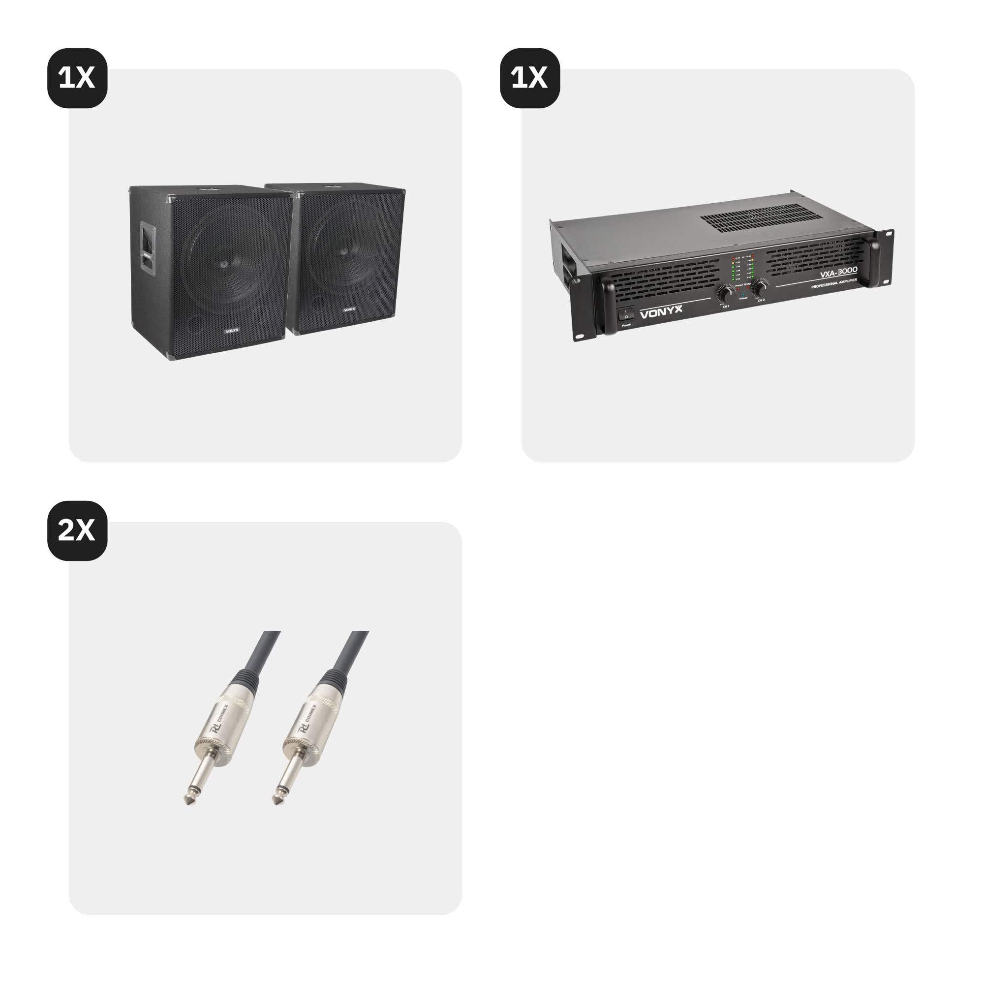 VONYX 2000W - Kit Sono DJ - Subwoofer avec Amplificateur et Câbles, Idéal pour Animer Vos Soirées