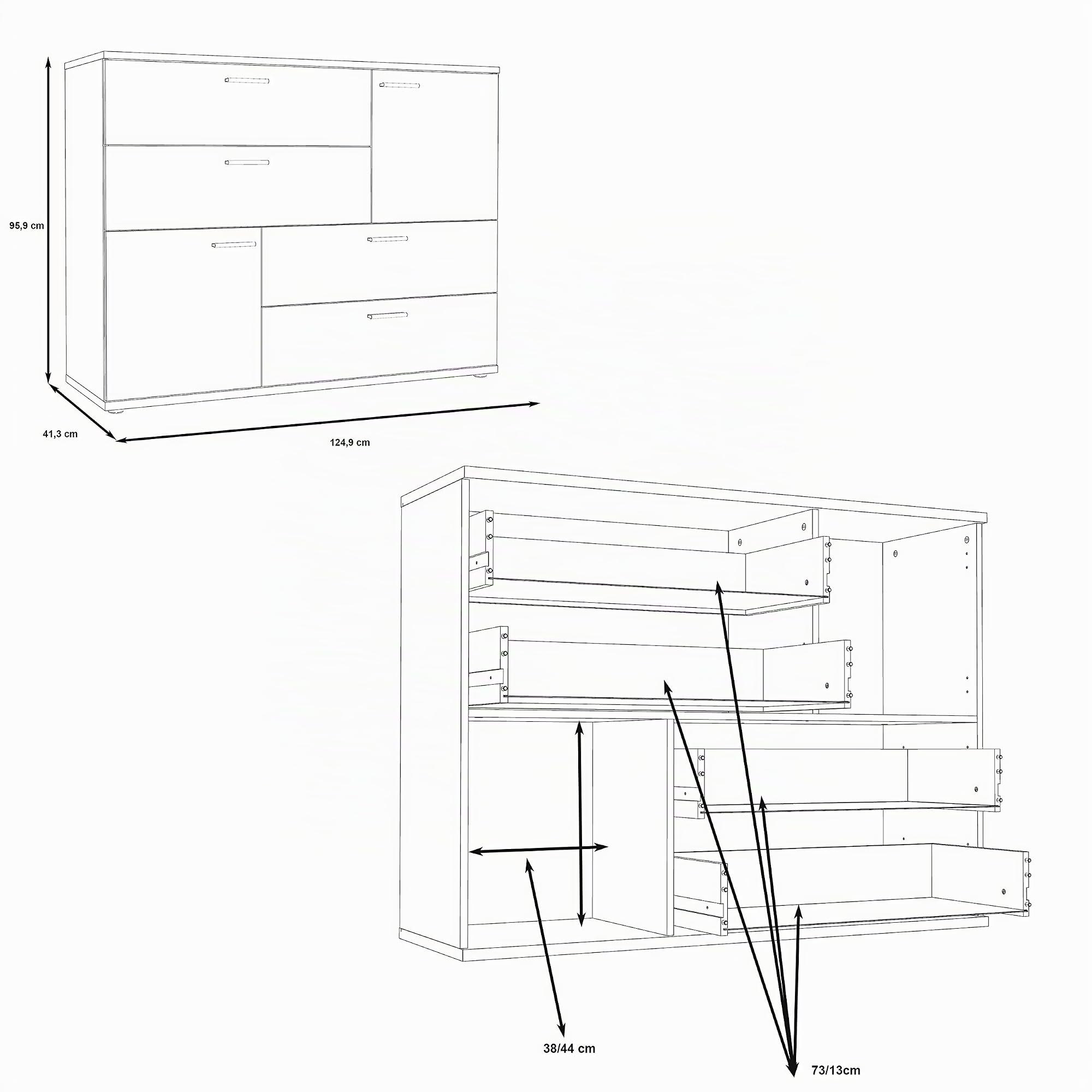 AVANTI TRENDSTORE - Fadia - Comò con 2 ante e 4 cassetti in legno trucciolato, disponibile in due colorazioni. Misura LAP 124,9x95,9x41,3 cm (quercia Sonoma/bianco)