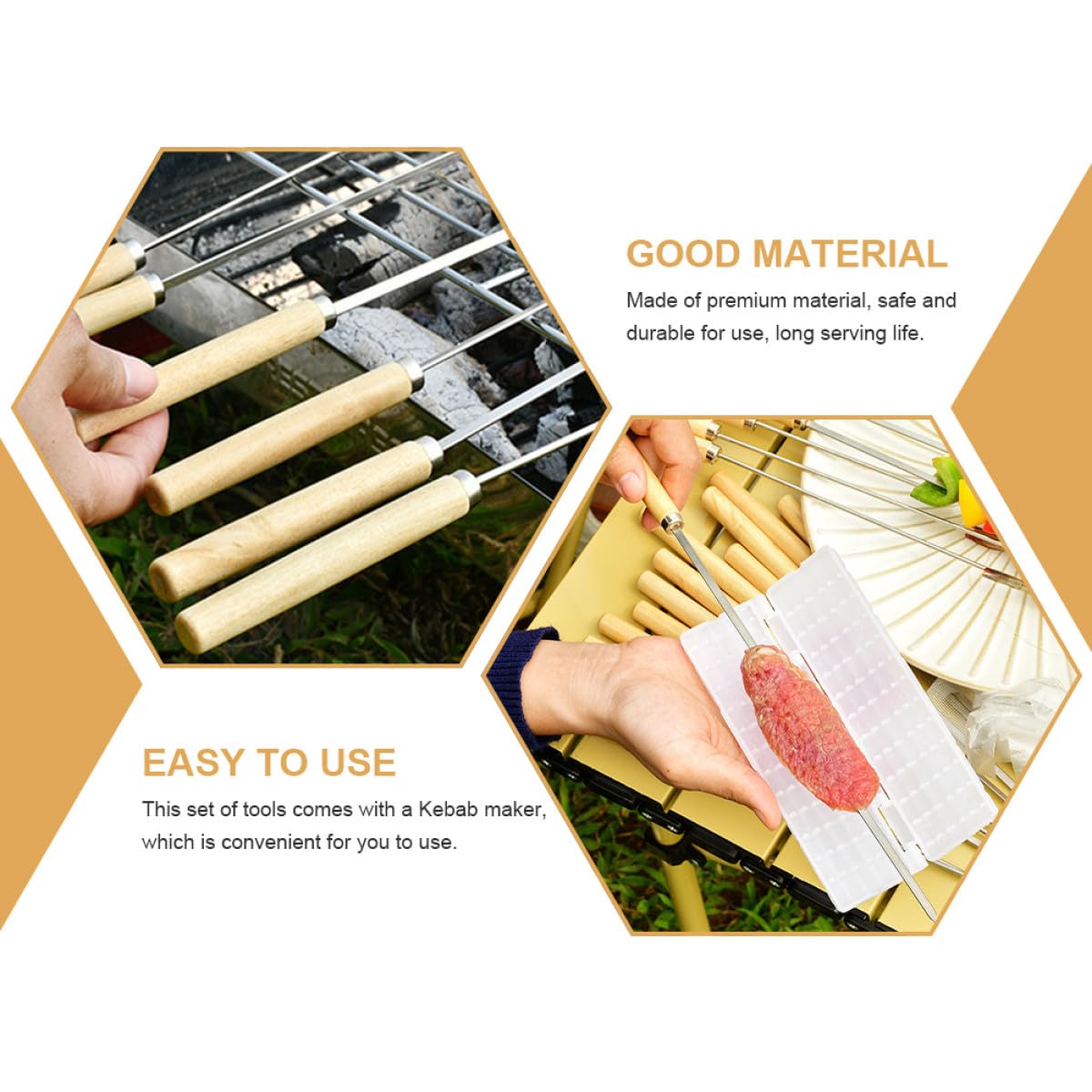 Brochetas de Barbacoa 21 Piezas de Acero Inoxidable Mango de Madera | Juego Completo, Fácil de Transportar y Guardar, para Hogueras y Fiestas Incluye Accesorio Maker