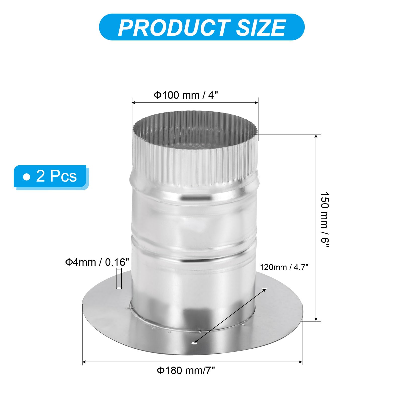 PATIKIL 4" Collare Condotti Rotondi, 2pz Connettore per Condotti Acciaio Zincato Flangia Collare per Tubi Flessibili o Rigidi, Riscaldamento Raffreddamento Ventilazione Ventilatore Scarico