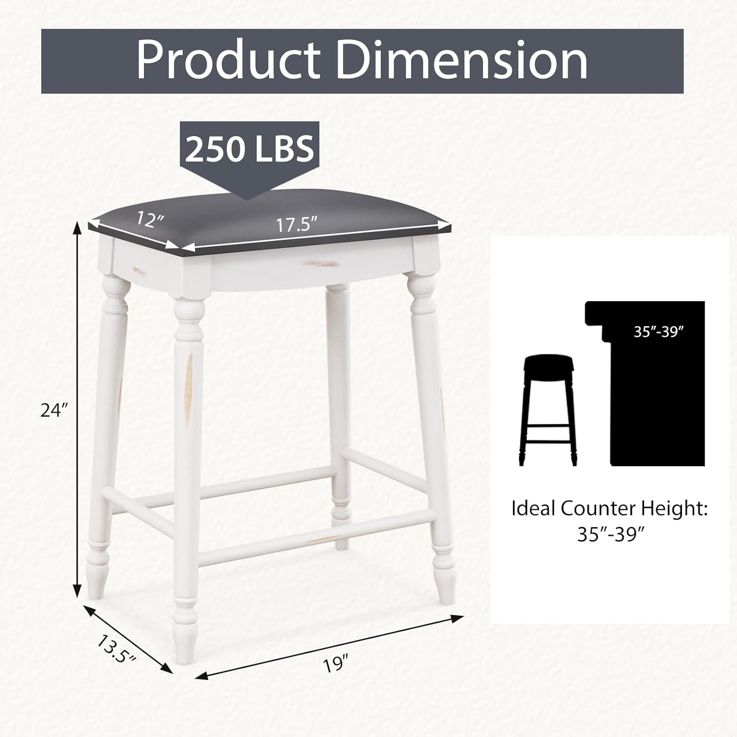 Giantex Bar Stools Set of 2, 24" Counter Height Saddle Stools w/Padded Seat, Rubber Wood Legs, Footrests & Antiqued Surface, Upholstered Backless Barstools for Kitchen Island, Home Bar, Antique White