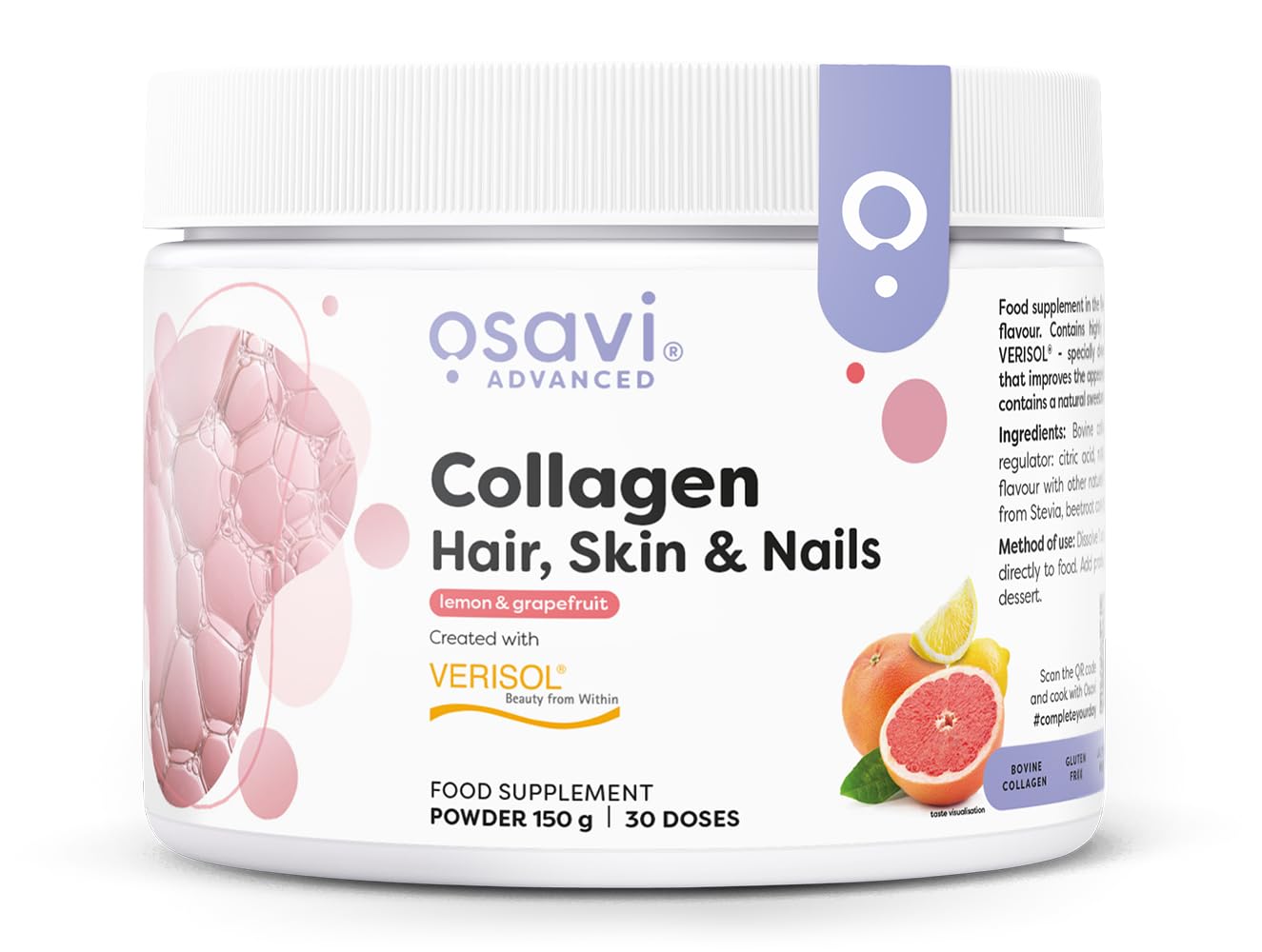 Osavi Collagen Hair, Skin & Nails – 150 g Powder | 30 Doses | Lemon & Grapefruit Flavor | VERISOL® Collagen Peptides for Hair Thickness, Skin Elasticity & Nail Strength | Reduces Wrinkles, Cellulite