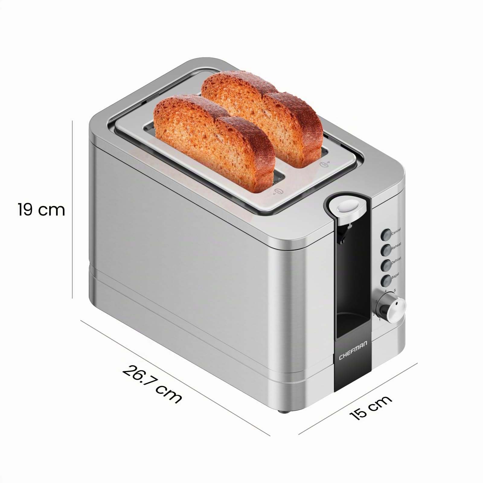 Chefman Tostapane 2 Fette, 7 Impostazioni di Tostatura, Toastiera Pane Spesso e Tostiera Bagel, Riscaldamento, Scongelamento, Annulla, Leva di Sollevamento, Vassoio Raccoglibriciole Estraibile