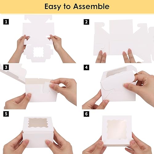 Miniatura 11 de Moretoes 120 cajas blancas para panadería, cajas de galletas de 4 x 4 x 2.5 pulgadas con ventana para pasteles pequeños, golosinas, donas, dulces
