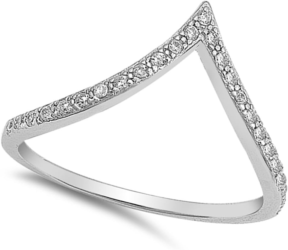 White CZ High Point V Shape Chevron Ring New 925 Sterling Silver Band Sizes 4-10