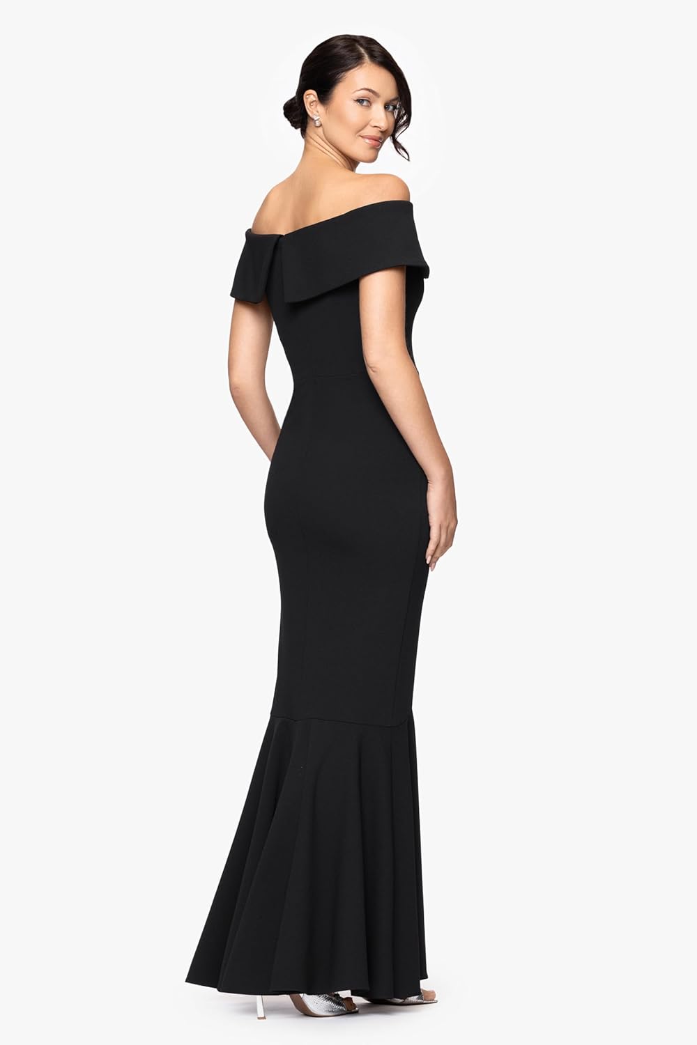 Betsy & Adam Women's Long Off Shoulder Cascade Ruffle Stetch Scuba Crepe Gown - Image 2