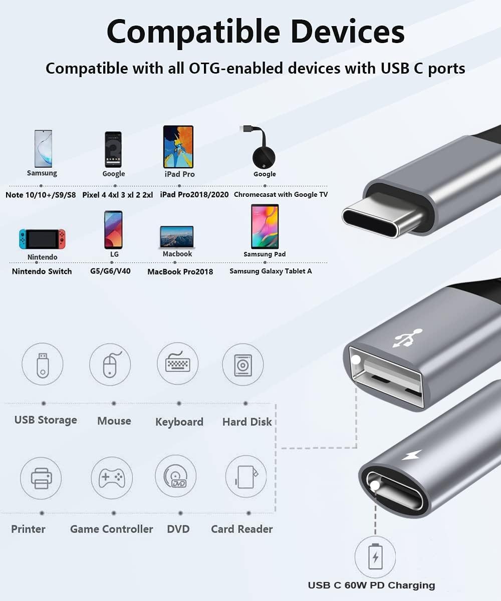 USB C to USB Adapter with Type C Charging, 2 in 1 Type C 3.0 OTG Splitter with 60W PD Fast Charge Compatible for Galaxy S22 S21 S20 S20+ Note 20/10,Switch,LG V40 V30 G8, Pixel4 XL,Google TV 2020