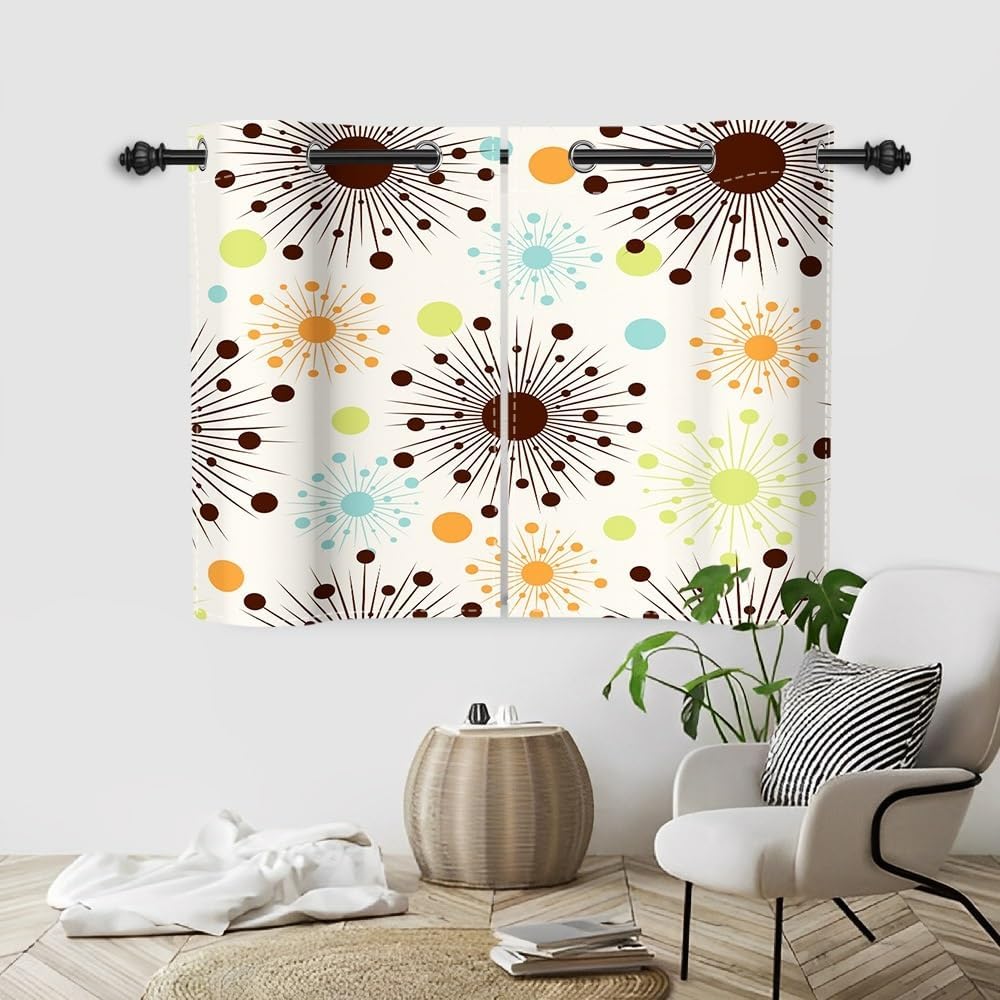 Mid Century Window Curtains Retro Abstract Geometric Pattern Space 1950S 1960S Atomic Stars Modern Window Drapes for Bedroom Living Room Patio Grommet Window Treatments 2 Panel Set,21x45inch