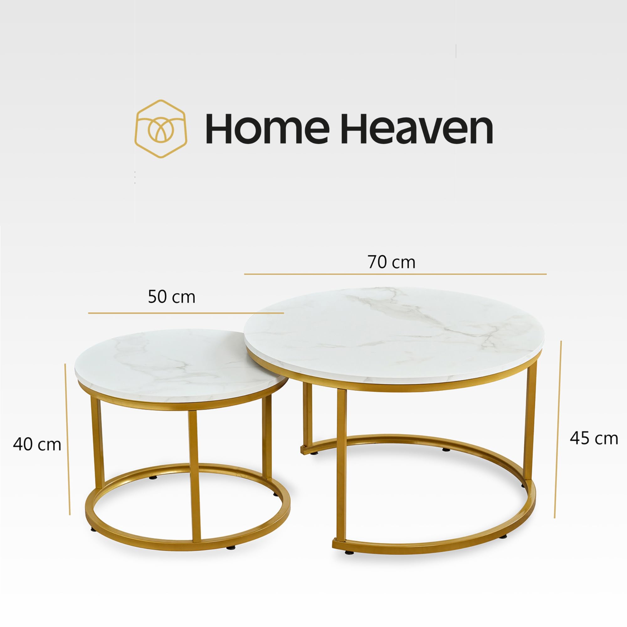 Home Heaven® Couchtisch Rund Weiss Marmor mit Gold – Runder Wohnzimmertisch 2er Set für Wohnzimmer - Ø70cm Ø50cm