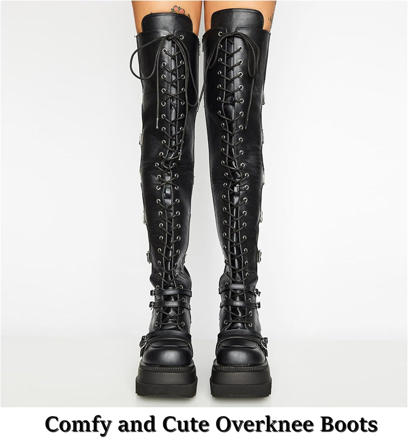 Gothniero Black Platform Boots Over Knee Thigh High Goth Boots for Women Chunky Heel Rave Motorcycle Boots with Buckles Side Zip Lace Boots Size5.5-10 - Image 7